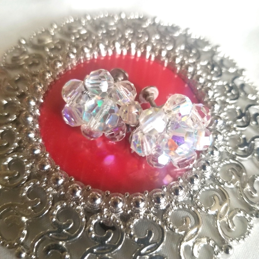 Aurora Borealis Beaded Screw Back Earrings - Vintage